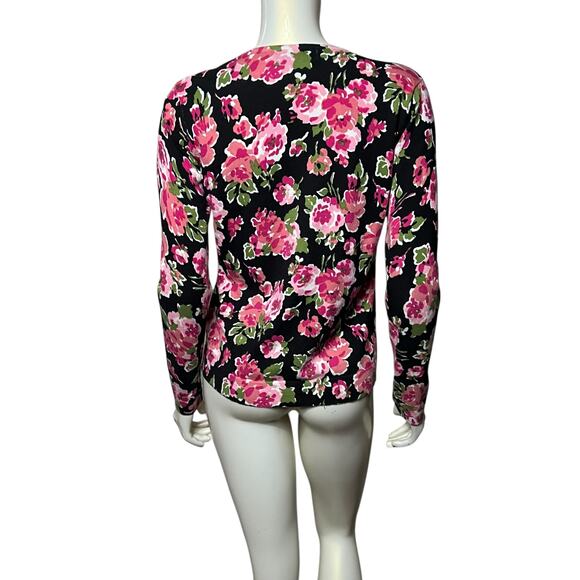August Silk Heritage Floral Cardigan Black Pink Rose Sweater Knit Button Up - Picture 3 of 7
